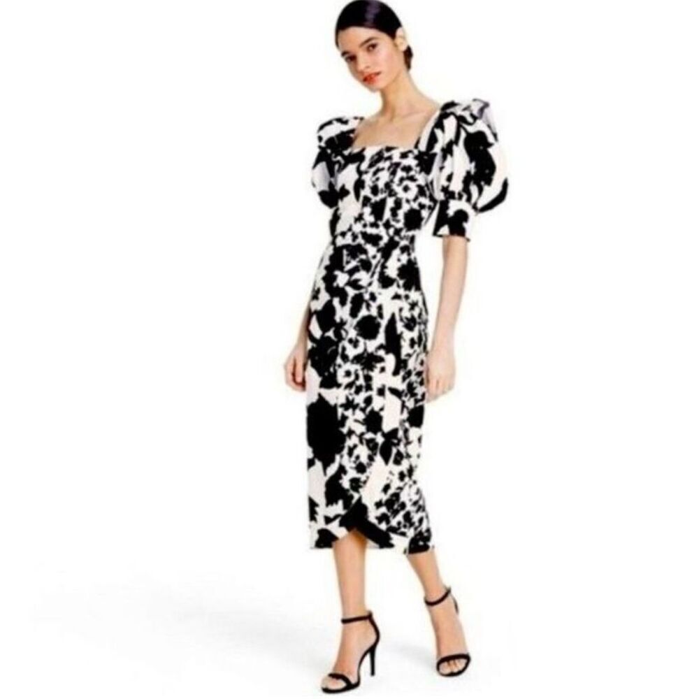 Christopher John Rogers Black & White Floral Wrap Midi Dress Nwt Size 4